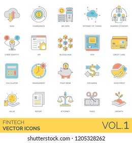 Fintech icons including SaaS, big data, internet of things, sharing economy, cyber identity, api, blockchain, atm, credit card, calculator, management, piggy bank, exchange, investment, attorney.