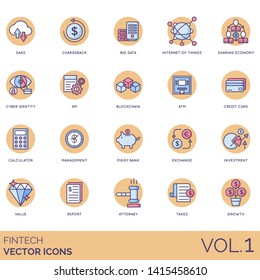 Fintech icons including saas, chargeback, big data, internet of things, economy, cyber identity, api, blockchain, atm, calculator, management, piggy bank, exchange, investment, value, report, attorney