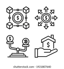 fintech icons set = block chain, investment, money scale, mortgage. Perfect for website mobile app, app icons, presentation, illustration and any other projects.