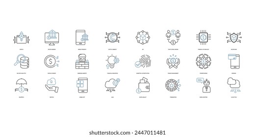 Fintech-Symbole gesetzt. Satz von editierbaren Strich-Icons.Vektorgrafik-Set von Fintech