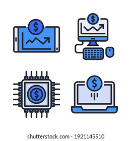 fintech icons set (Filled Line) = trading smartphone, monitor, cpu, laptop. Perfect for website mobile app, app icons, presentation, illustration and any other projects.
