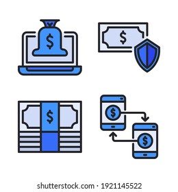 fintech icons set (Filled Line) = laptop, money shield, money cash, smartphone. Perfect for website mobile app, app icons, presentation, illustration and any other projects.