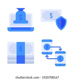 íconos fintech set = laptop, escudo de dinero, dinero en efectivo, smartphone. Perfecto para aplicaciones móviles de sitios web, iconos de aplicaciones, presentación, ilustración y cualquier otro proyecto.