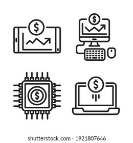 Fintech Icons Set = Trading Smartphone, Monitor, Cpu, Laptop. Perfect For Website Mobile App, App Icons, Presentation, Illustration And Any Other Projects.