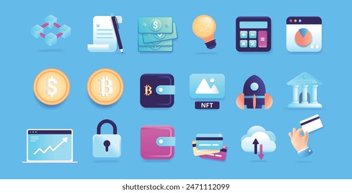 Iconos y símbolos de Fintech - Colección de símbolos comunes de tecnología financiera como criptomonedas, banca, contratos, nube, computadora y más. Ilustraciones vectoriales de diseño semi plano