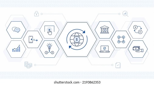 Fintech illustration. financial technology and digital transformation infographic with icons.