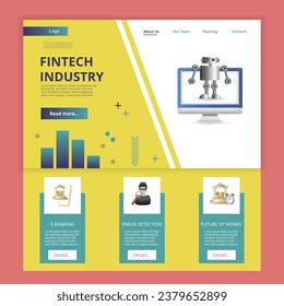 Plantilla del sitio web de la página de aterrizaje plana de la industria de Fintech. Banca electrónica, detección de fraude, futuro del dinero. Banner web con encabezado, contenido y pie de página. Ilustración vectorial.