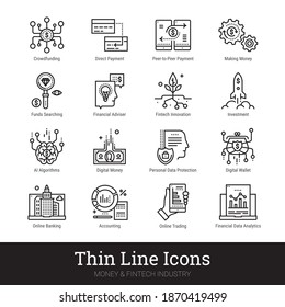 Fintech industry, money, finance thin line icon set. Modern vector logo for web service, mobile application. Investing, trading, money making, banking, financial service pictogram. Editable strokes.