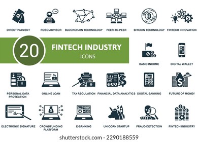 Fintech industry set. Creative icons: direct payment, robo advisor, blockchain technology, peer-to-peer, bitcoin technology, fintech innovation, basic income, digital wallet, personal data protection