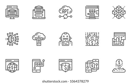 Fintech Industry Vector Line Icons Set. Blockchain, Robo-advisors, Crowdfunding, Startup, Finance Digitization. Editable Stroke. 48x48 Pixel Perfect.