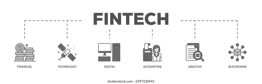 Fintech infographic icon flow process which consists of financial, technology, digital, accounting, analysis and blockchain icon live stroke and easy to edit