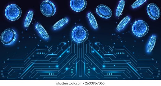 Inovação Fintech, AI Banca e conceito criptomoeda com moedas poligonais brilhantes caindo acima do quadro de circuitos em fundo escuro. Estilo de poli baixo futurista, ilustração vetorial abstrata.