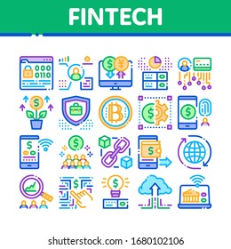 Fintech Innovation Collection Icons Set Vector. Bitcoin Financial Technology, Binary Code And Electronic Exchange, Wifi Smartphone Fintech Concept Linear Pictograms. Color Illustrations