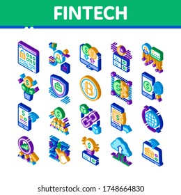 Iconos De Colección De Innovación Fintech Set Vector. Tecnología Financiera Bitcoin, Código Binario E Intercambio Electrónico, Ilustraciones Isometricas De Wifi Smartphone Fintech