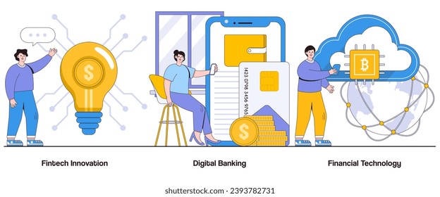 Innovación de Fintech, banca digital, concepto de tecnología financiera con carácter. Conjunto de ilustraciones vectoriales abstractas de Fintech Solutions. Trastorno financiero, banca impulsada por la tecnología, evolución de la tecnología financiera.