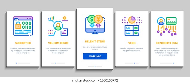 Fintech Innovation Onboarding Mobile App Page Screen Vector. Bitcoin Financial Technology, Binary Code And Electronic Exchange, Wifi Smartphone Fintech Color Contour Illustrations