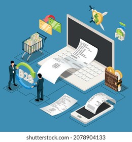 Fintech isometric composition with icons and pictograms of cash wallets and payment transactions with receipt bills vector illustration
