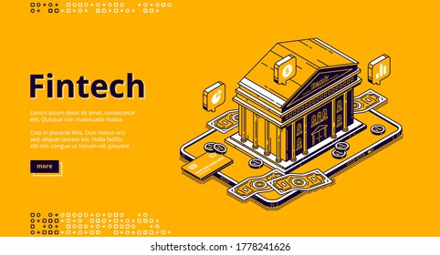 Fintech Isometric Landing Page With Bank Building And Money. Financial Technologies, Digital Solutions For Banking Business. Software And Mobile App For Finance Services, 3d Vector Line Art Web Banner