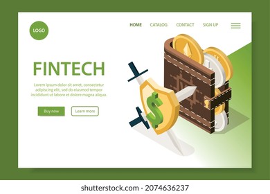 Fintech isometric web site landing page with clickable links editable text and images of money protection vector illustration