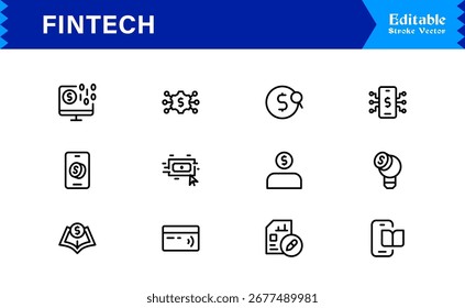 Conjunto de ícones editáveis da linha Fintech.  Tecnologia financeira Profissional Linha Limpa Ícone Nuvem, dinheiro, dólar, computador, finanças, Coleção com Conjunto Editável
