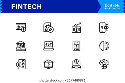 Conjunto de iconos editables de línea Fintech.  Profesional de Tecnología financiera Icono de línea limpia Nube, dinero, dólar, computadora, finanzas, Colección con conjunto editable