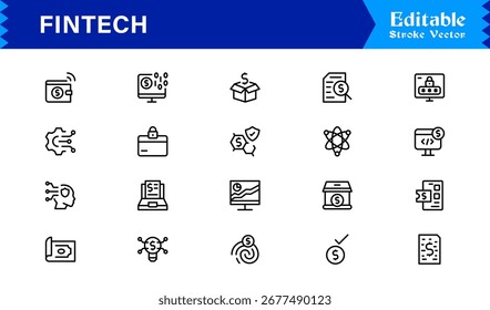 Fintech Line Editable Icons set.  Financial Technology  Professional Clean Line Icon Cloud, money, dollar, computer, finance, Collection with Editable Set