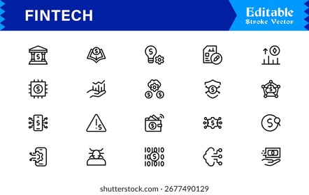 Conjunto de iconos editables de línea Fintech.  Profesional de Tecnología financiera Icono de línea limpia Nube, dinero, dólar, computadora, finanzas, Colección con conjunto editable