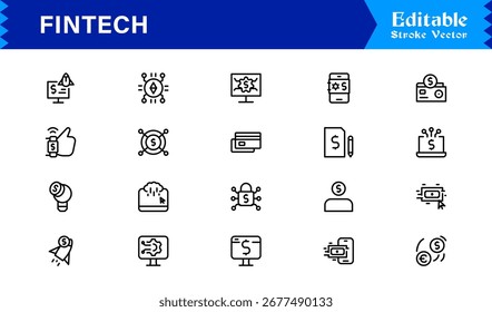 Fintech Line Editable Icons set.  Financial Technology  Professional Clean Line Icon Cloud, money, dollar, computer, finance, Collection with Editable Set