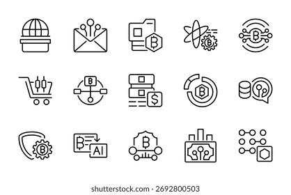 Symbolsatz für die Fintech-Linie. Bitcoin, Finanzmanagement, digitale Wirtschaft, digitale Währung, digitale Sicherheit, Geldbörsen, Ersparnisse, Investitionen Vektorgrafik Symbole. Pixel-perfekter bearbeitbarer Strich