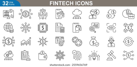 Fintech line icons set. Blockchain, cryptocurrency wallet, mobile banking, stock trading, financial planning, investment, payment solutions and more. vector illustration