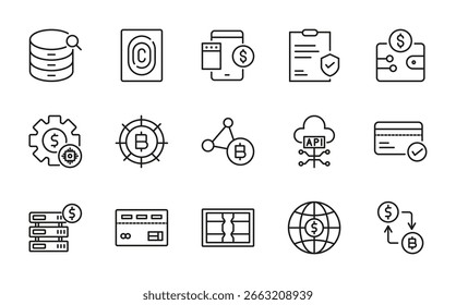 Conjunto de iconos lineales de Fintech. Banca digital, pago en línea, criptomoneda, blockchain, billetera, inversión, App financiero, seguridad, tarjeta de crédito, análisis, conjunto de iconos de Vectores de ahorro. Paquete de líneas finas de interfaz de usuario