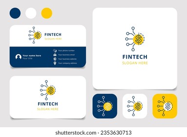 Fintech logo design with editable slogan. Branding book and business card template.