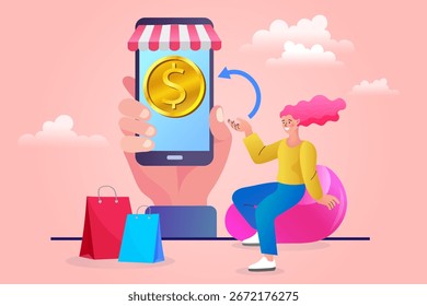 Concepto de fintech y banca móvil. Un Cliente gana dinero en línea, recibiendo un pago digital en su billetera electrónica como recompensa por comprar en un mercado móvil.