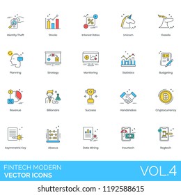 Fintech Modern Icon Set. Identity Theft, Stocks, Interest Rate, Unicorn, Gazelle, Strategy, Statistics, Budgeting, Revenue, Billionaire, Success, Cryptocurrency, Asymmetric Key, Insurtech, Regtech.