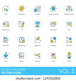 Fintech modern vector icons. SaaS, chargeback, big data, internet of things, sharing economy, cyber identity, api, atm, credit card, calculator, management, piggy bank, investment, attorney, taxes.