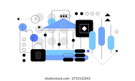 Fintech. Banca en línea, moneda digital y big data. Ilustración plana. Archivo de Vector.