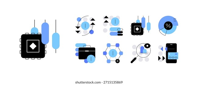 Fintech. Banca en línea, moneda digital y big data. Iconos planos detallados, doodle set. Archivo de Vector.