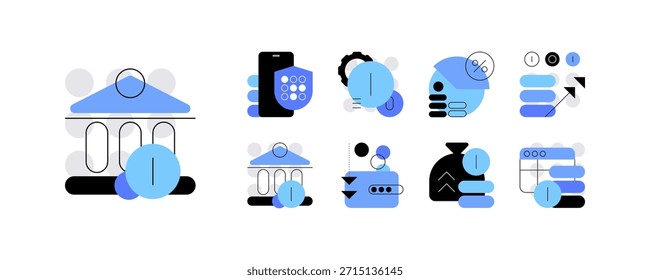 Fintech. Banca en línea, moneda digital y big data. Iconos planos detallados, doodle set. Archivo de Vector.