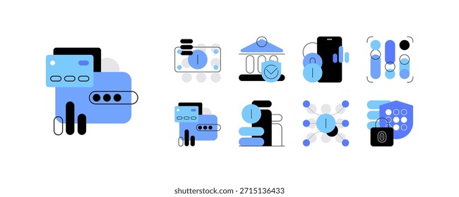 Fintech. Banca en línea, moneda digital y big data. Iconos planos detallados, doodle set. Archivo de Vector.