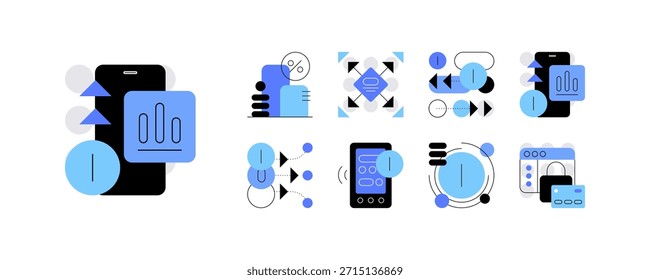 Fintech. Banca en línea, moneda digital y big data. Iconos planos detallados, doodle set. Archivo de Vector.