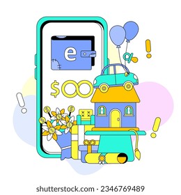 Fintech online payment via mobile phone device. Poor, too much commitment engagement concept illustration.