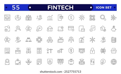 Fintech outline icon set. Containing digital banking, cryptocurrency, mobile payment, regtech, blockchain, robo-advisors, financial services and more.
