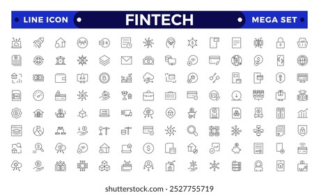 Fintech outline icon set. Containing digital banking, cryptocurrency, mobile payment, regtech, blockchain, robo-advisors, financial services and more.
