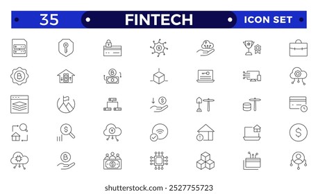 Conjunto de iconos de contorno Fintech. Contiene banca digital, criptomonedas, pagos móviles, regtech, blockchain, robo-advisors, servicios financieros y más.
