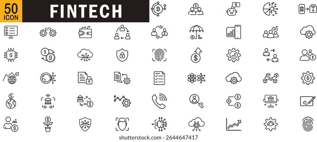 Fintech outline icon set. Digital finance technology, blockchain, banking, investment, cybersecurity.
