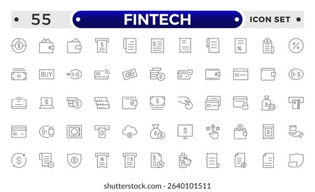 Fintech outline Icons set. Containing Financial, Digital Native, Cloud Tech, Cashless Payment, Digital Economy, Mobile Payments and more.
