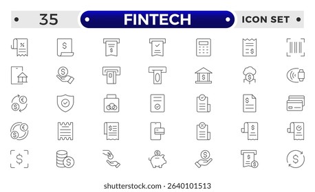 Fintech outline Icons set. Containing Financial, Digital Native, Cloud Tech, Cashless Payment, Digital Economy, Mobile Payments and more.
