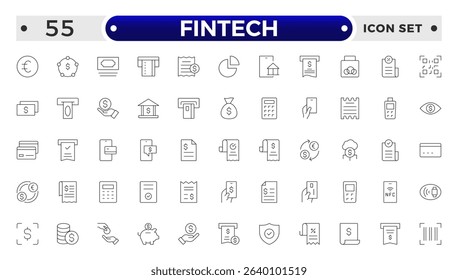 Fintech outline Icons set. Containing Financial, Digital Native, Cloud Tech, Cashless Payment, Digital Economy, Mobile Payments and more.
