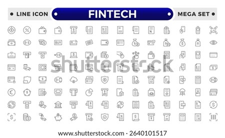 Fintech outline Icons set. Containing Financial, Digital Native, Cloud Tech, Cashless Payment, Digital Economy, Mobile Payments and more.
