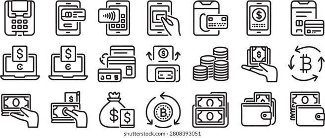 Fintech Payment and Banking Vector Icons Set with Credit Cards, Wallets, Cash, and Cryptocurrency Symbols